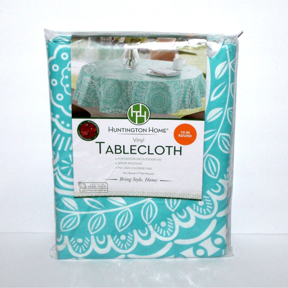 Huntington Home Vinyl Tablecloth 70” Round white blue aqua NEW spring summer